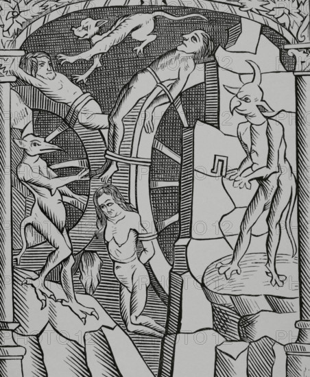 Torture of the wheel, executed by demons, 1529, (1878).  Creator: Unknown.