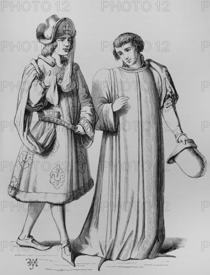 A young nobleman and a bourgeois in the 14th century, France, 1878.  Creator: Unknown.
