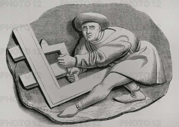 Carpenter's apprentice working with a large square, 1457-1470, (1878).  Creator: Unknown.
