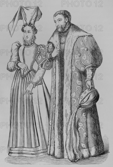 Costume of a rich bourgeoise, and of a noble...of the time of Francis I, 1878. Creator: Unknown.