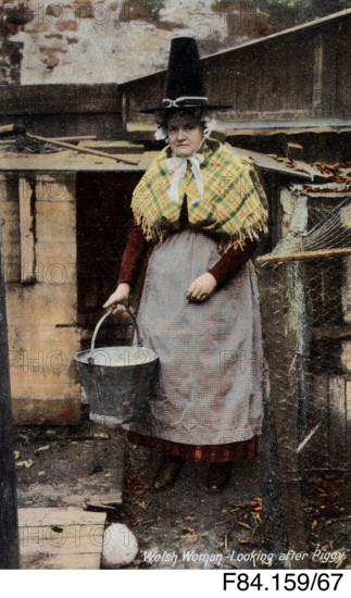 'Welsh woman looking after Piggy', Welsh costume postcard - woman carrying bucket, c1900s. Creator: Unknown.