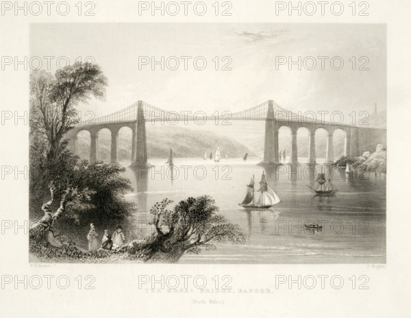 The Menai Bridge, Bangor, North Wales, c1841. Creator: William Henry Bartlett.