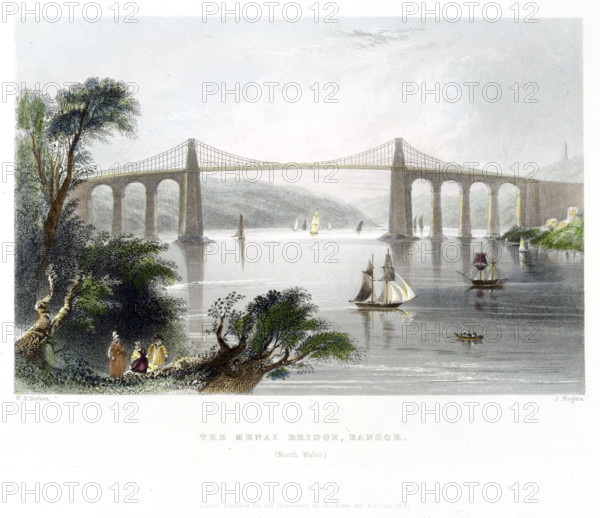 The Menai Bridge, Bangor, North Wales, 1841. Creator: William Henry Bartlett.