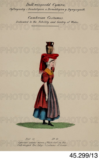 Cambrian Costumes series No. 13, 19th century.  Creator: Lady Llanover.