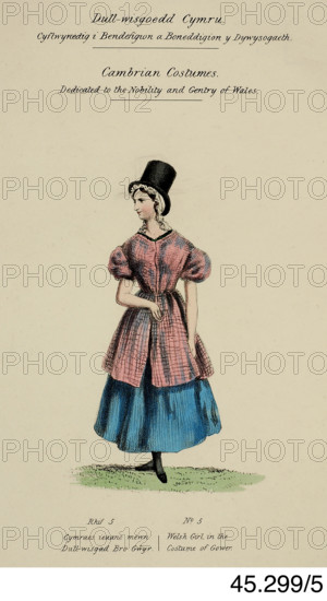 Cambrian Costumes series No. 5, 19th century.  Creator: Lady Llanover.