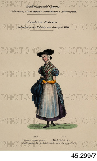 Cambrian Costumes series No. 7, 19th century.  Creator: Lady Llanover.