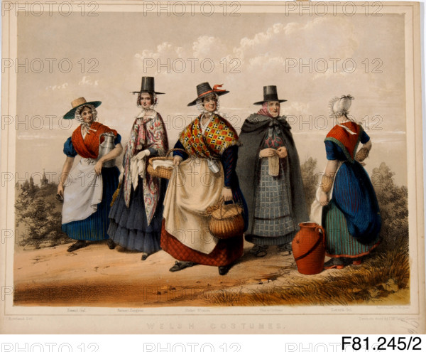 Welsh Costumes (Errand girl; Farmer's Daughter, Market Woman, Winter & Llanarth Girl), c1848. Creator: John Cambrian Rowland.