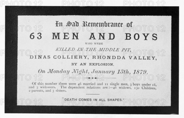 Dinas Colliery Explosion, memorial card, 1879. Creator: Unknown.