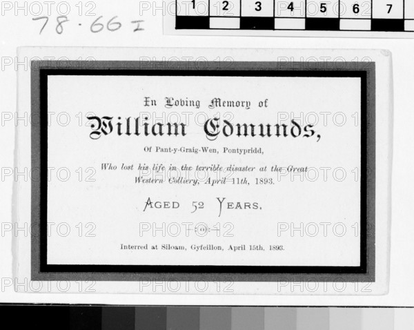 Great Western Colliery, memorial card, 1893. Creator: Unknown.