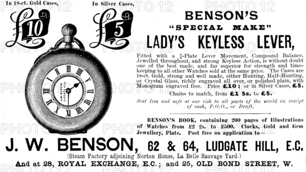 Advertisement for Benson's Watches - "Special Make" Lady's Keyless Lever, 1895. Creator: Unknown.