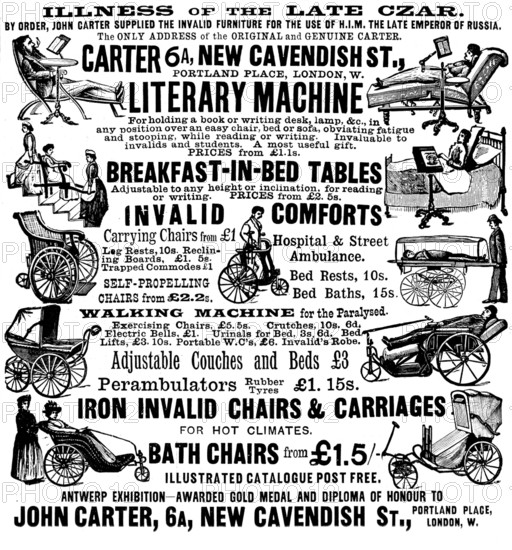 Advertisement for John Carter's invalid furniture, 1895. Creator: Unknown.