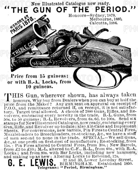 Advertisement for G. E. Lewis, gunmakers, 1895. Creator: Unknown.