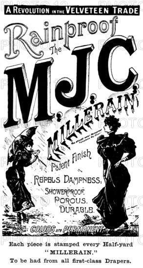 Advertisement for Millerain Rainproof Velveteen, 1895. Creator: Unknown.