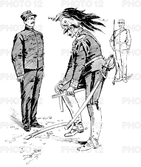 The Degradation of Captain Dreyfus: showing the correct way of breaking the sword, 1895. Creator: Carl Hentschel.