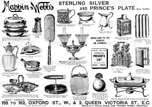 Advertisement for Mappin & Webb's Sterling Silver and Prince's Plate, 1895. Creator: Unknown.
