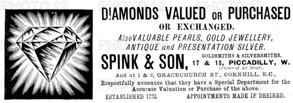 Advertisement for Spink & Son, jewellers, 1895. Creator: Unknown.