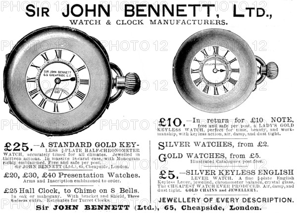 Advertisement for Sir John Bennett, Ltd., Watch & Clock Manufacturers, 1895. Creator: Unknown.