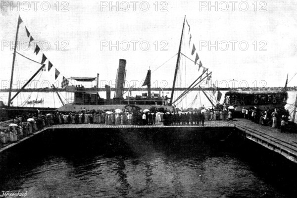 Arrival, and Subsequent Death, of Lady Carter at Lagos: Lady Carter landing at Lagos, 1895. Creator: George Meisenbach.