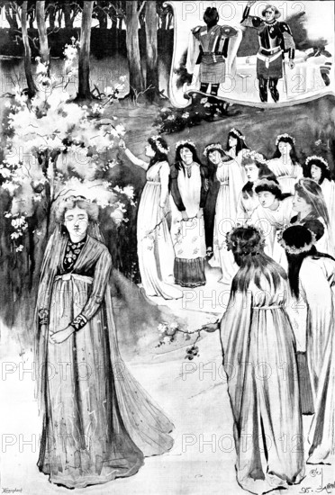 King Arthur, at the Lyceum: the Queen's Maying in the Whitethorn Wood, 1895. Creator: George Meisenbach.