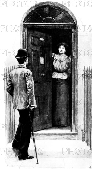 Eve's Ransom...: "I believe Miss Madden lives here?", 1895. Creator: George Meisenbach.