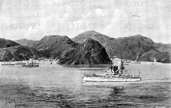 The War in Eastern Asia: the "Centurion" passing Ta-Lien-Whan Bay..., 1895. Creator: George Meisenbach.