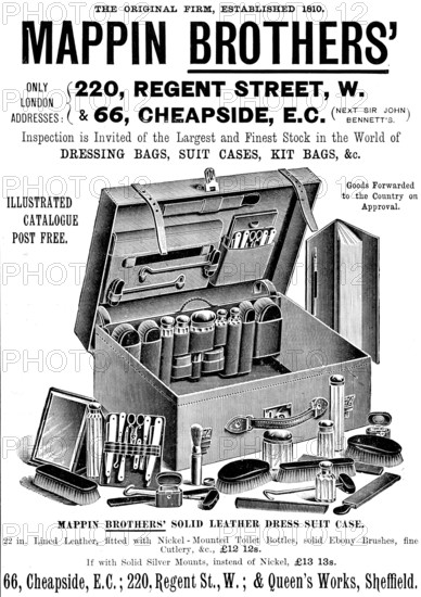 Advertisement for Mappin Brothers' Dressing Bags, Suit Cases, Kit Bags, &c., 1895. Creator: Unknown.
