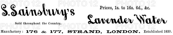 Advertisement for S. Sainsbury's Lavender Water, 1895. Creator: Unknown.