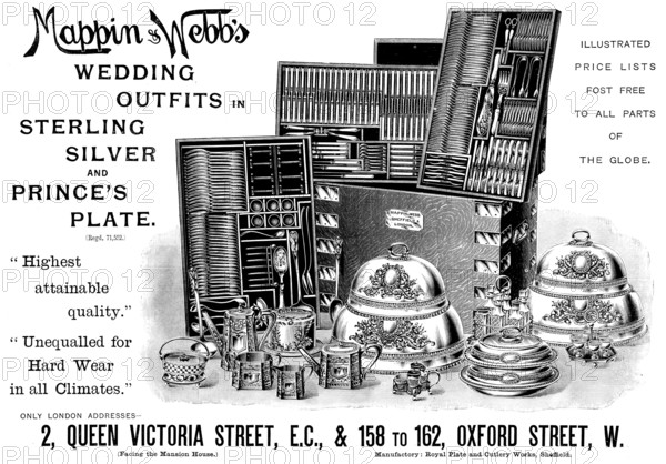 Advertisement for Mappin & Webb's Wedding Outfits in Sterling Silver and Prince's Plate, 1895. Creator: Unknown.