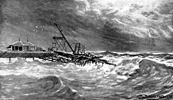 Destruction of the new part of Sandown Pier during a gale, 1895. Creator: George Meisenbach.