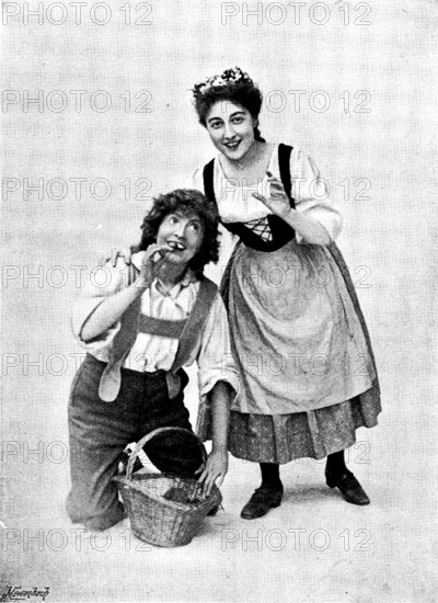 Hänsel and Gretel,'' at the Gaiety Theatre: Marie Elba as Hänsel and Jeanne Douste as Gretel, 1895. Creators: George Meisenbach, George Henry Hana, Hana Studios Ltd.	Hänsel and Gretel,'' at the Gaiety Theatre: Marie Elba as Hänsel and Jeanne Douste as Gretel, 1895. London state production. 'Gretel: "And you are very greedy, too! Hansel: "Cuckoo! Cuckoo!"' From "Illustrated London News", 1895.