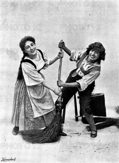 Hänsel and Gretel,'' at the Gaiety Theatre: Jeanne Douste as Gretel and Marie Elba as Hänsel, 1895. Creators: George Meisenbach, George Henry Hana, Hana Studios Ltd.	Hänsel and Gretel,'' at the Gaiety Theatre: Jeanne Douste as Gretel and Marie Elba as Hänsel, 1895. London state production. '"Off with you, out with you, Shame on you, goose!"'. From "Illustrated London News", 1895.