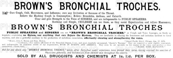 Advertisement for Brown's Bronchial Troches, 1895. Creator: Unknown.