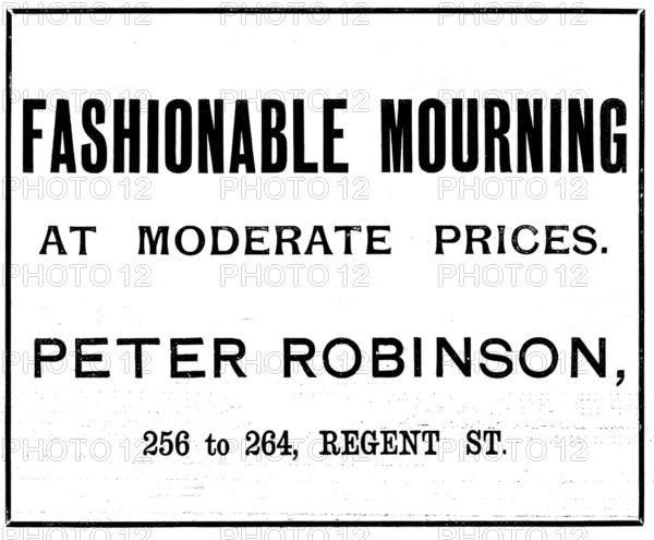 Advertisement for Peter Robinson mourning wear, 1895. Creator: Unknown.