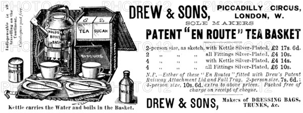 Advertisement for Drew & Sons' Patent "En Route'' Tea Basket, 1895. Creator: Unknown.