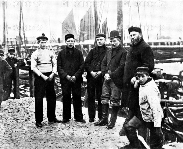The Loss of the North German Lloyd steam-ship "Elbe": the skipper and crew of the "Wildflower", 1895 Creator: Walter Boughton.