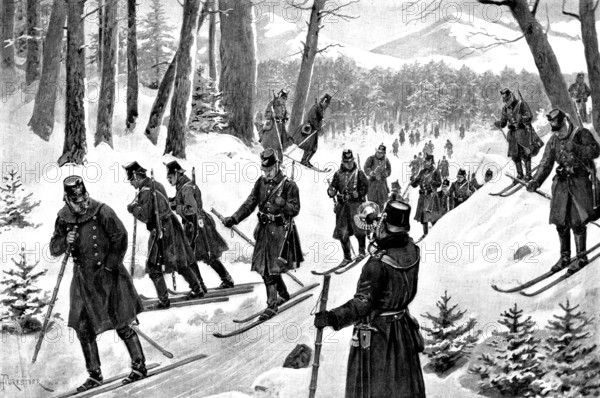 March of the 5th Prussian Rifle Battalion on snow-shoes through the Giant's Mountains, Silesia, 1895 Creator: Lascelles.