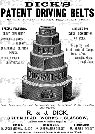 Advertisement for Dick's Patent Driving Belts, 1895. Creator: Unknown.