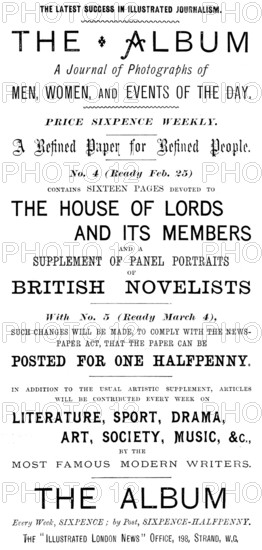 Advertisement for The Album - A Journal of Photographs of Men, Women, and Events of the Day, 1895. Creator: Unknown.