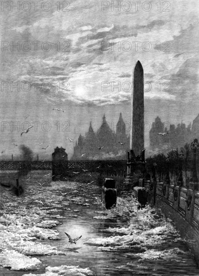 The Frozen Thames: seagulls circling round Cleopatra's Needle, 1895. Creator: Unknown.