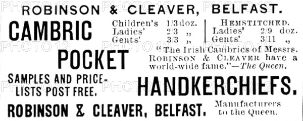 Advertisement for Robinson & Cleaver, 1895. Creator: Unknown.