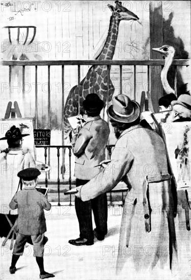 The New Giraffe at the Zoological Society's Gardens, Regent's Park: artists on duty, 1895. Creator: Unknown.
