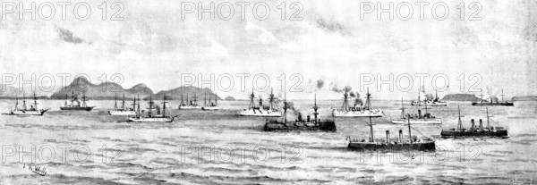The War in Eastern Asia: men-of-war anchored off Chefoo - a sketch from the shore, 1895. Creator: George Meisenbach.