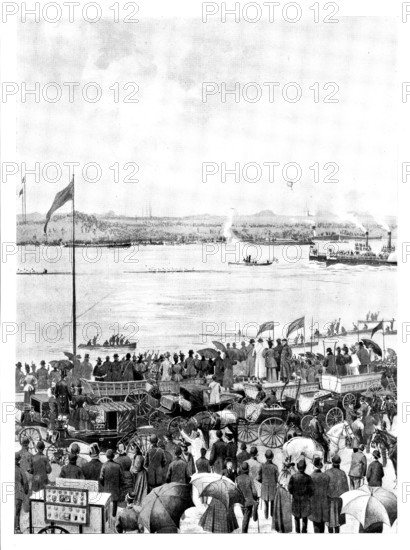 The Universities' Boat-Race: the finish at Mortlake, 1895. Creator: Unknown.