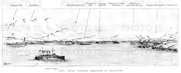 The War in Eastern Asia: H.M.S. "Edgar" watching operations on Wei-Hai-Wei, 1895. Creator: Unknown.