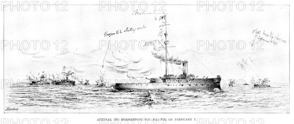 The War in Eastern Asia: Admiral Ito bombarding Wei-Hai-Wei on February 7, 1895. Creator: Unknown.