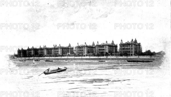 Views of St. Thomas's Hospital: the hospital from the river, 1895. Creator: George Meisenbach.