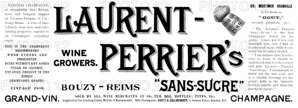 Advertisement for Laurent Perrier's "Sans-Sucre" Grand-Vin Champagne, 1895.  Creator: Unknown.