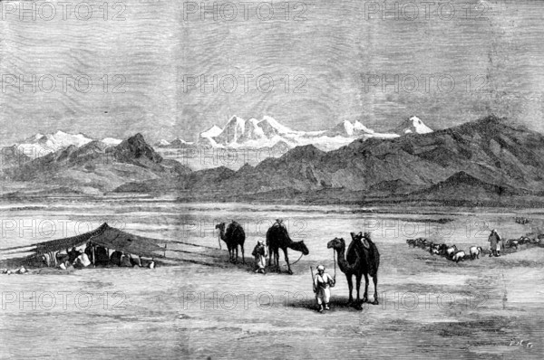 The Chitral Expedition: Plains of Yusufzai, showing Malakand Pass in the mountains, 1895. Creator: P Naumann.