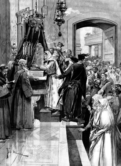 Holy Thursday at the Holy Sepulchre: kissing the column at which Christ was flagellated, 1895. Creator: P Naumann.