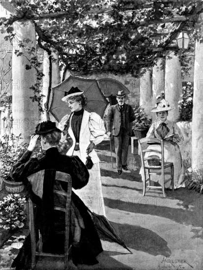 Adam Johnstone's Son:...Clare and her mother had established themselves...on the terrace..., 1895. Creator: George Meisenbach.